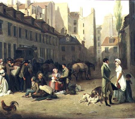 The Arrival of a Stage Coach at the Terminus, detail of some passengers a Louis-Léopold Boilly