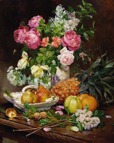 Stillleben mit Blumenstrauß und Früchten a Louis Marie de Schryver