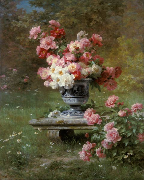 Peonies In An Urn In A Garden a Louis Marie Lemaire