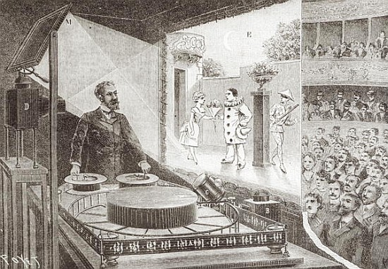 The ''Theatre Optique'' and its inventor Emile Reynaud (1844-1918) with a scene from ''Pauvre Pierro a Louis Poyet