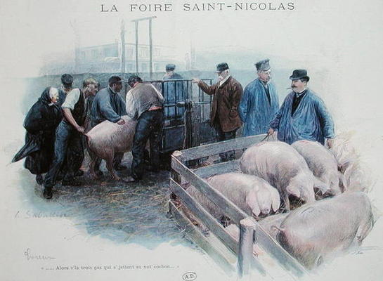 The Saint-Nicolas Fair in Evreux, early 20th century (colour litho) a Louis Remy Sabattier
