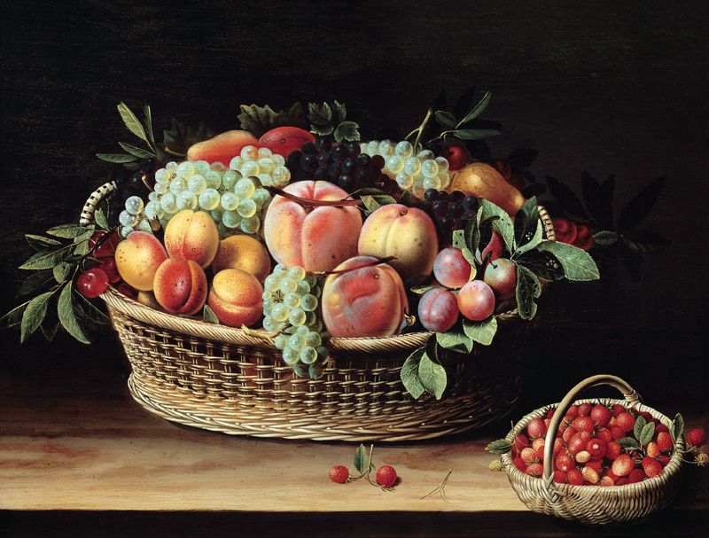 Basket of Apricots, Grapes and Strawberries a Louise Moillon