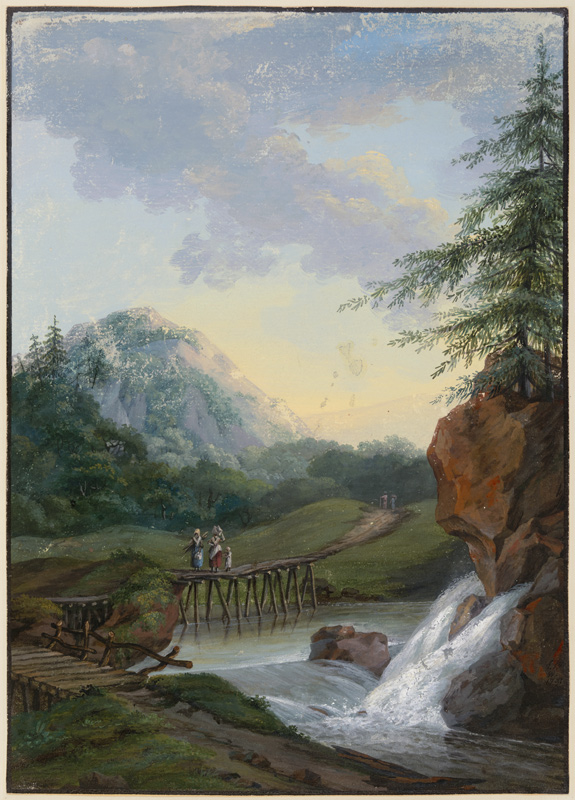 Landschaft mit einem Wasserfall und einem Steg, auf dem zwei Frauen und ein Kind gehen a Louise van Panhuys
