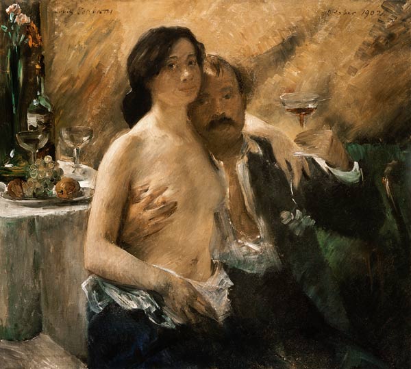 Self-portrait with his wife and champagne glass. a Lovis Corinth