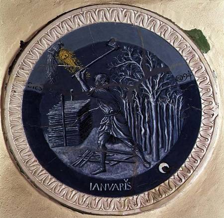 Enamelled terracotta roundel 'The Labours of the Month' (January) a Luca  della Robbia