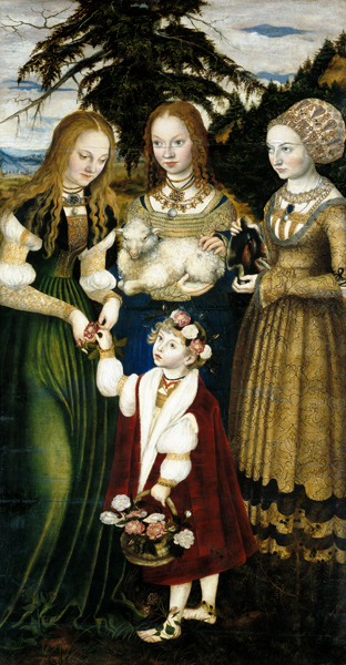 Altarpiece with the Martyrdom of Saint Catharine, left wing: The Saints Dorothea, Agnes and Cunigund a Lucas Cranach il Vecchio