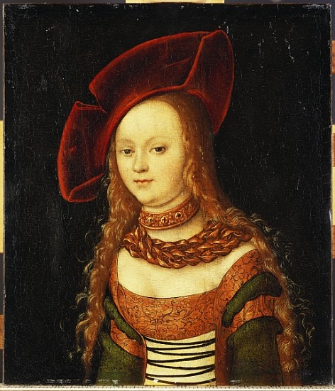 Portrait of a young girl, half length, wearing a green and gold costume with a red hat a Lucas Cranach il Vecchio