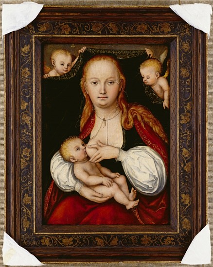 The Virgin and Child, three-quarter length, with putti holding up a curtain behind (oil on limewood  a Lucas Cranach il Vecchio