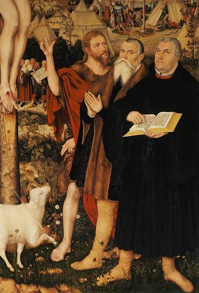 Cranach altar of the Peter-u.Paul church in Weimar Luther, Cranach u.Johannes unte the cross (detail