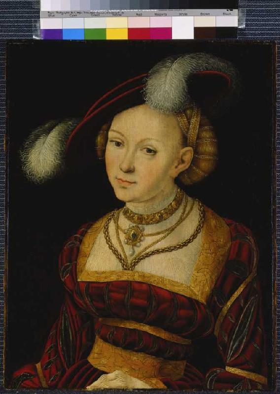 Female saint with plumed hat. a Lucas Cranach il Vecchio