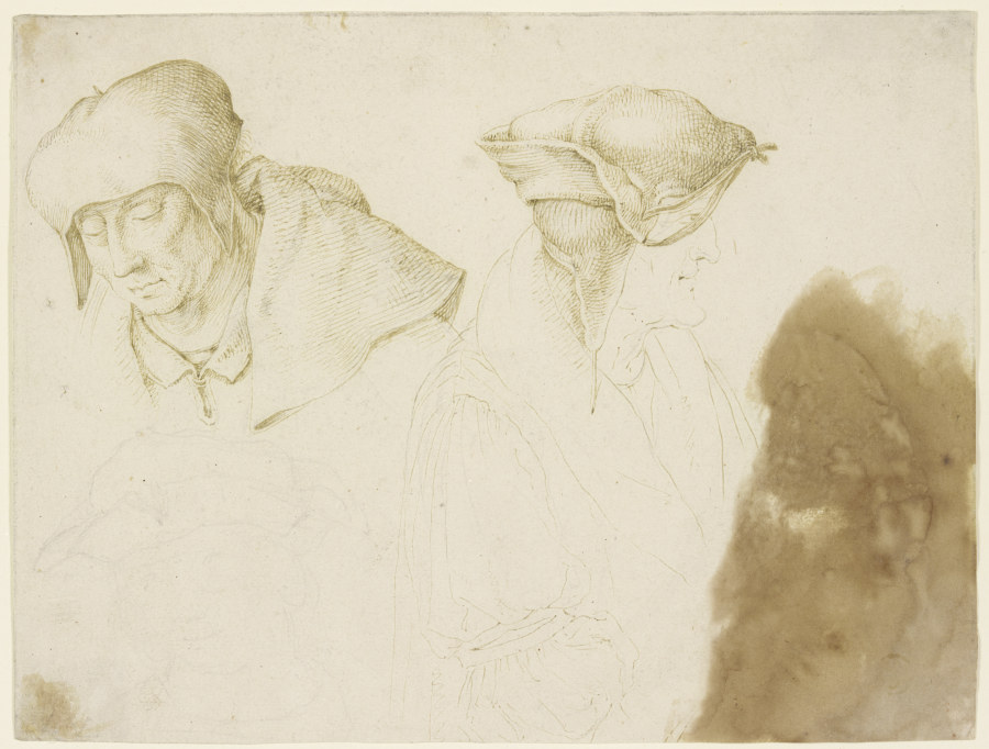 Kopf des Evangelisten Lukas, einer Assistenzfigur der Esther vor Ahasver sowie eines Dritten a Lucas van Leyden