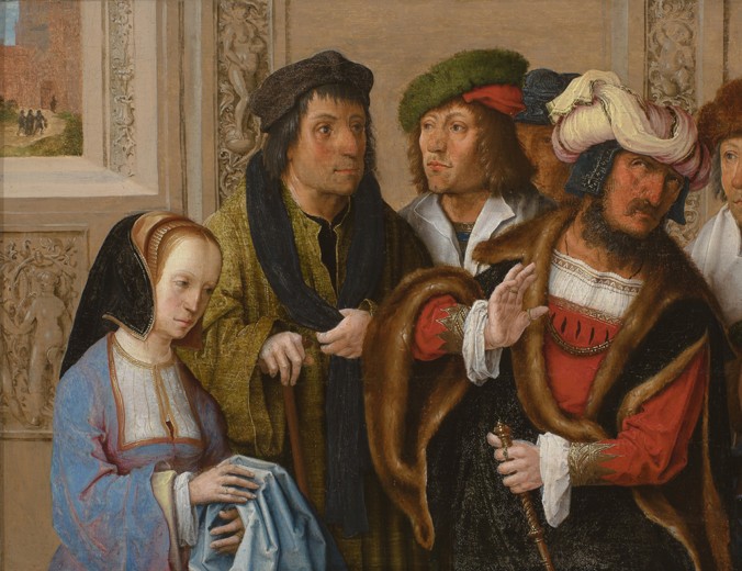 Potiphar's Wife Displays Joseph's Garment a Lucas van Leyden