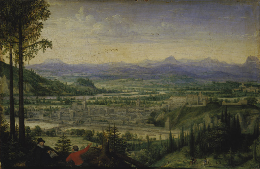 View of Linz with Artist Drawing in the Foreground a Lucas van Valckenborch
