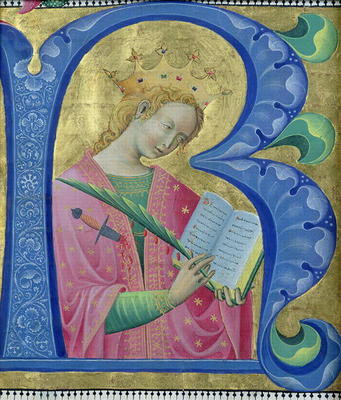 Illuminated initial 'R' depicting St. Catherine of Alexandria, Lombardy School (vellum) a Luchino Belbello