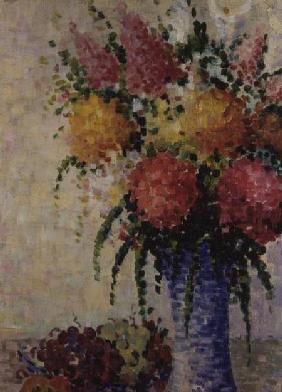 Fruit and Flowers in a Blue Vase