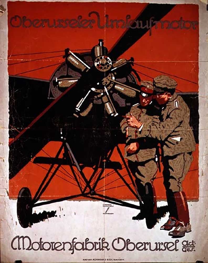 Poster advertising the Oberurseler Umlaufmotor aircraft engine, 1914 a Ludwig Hohlwein