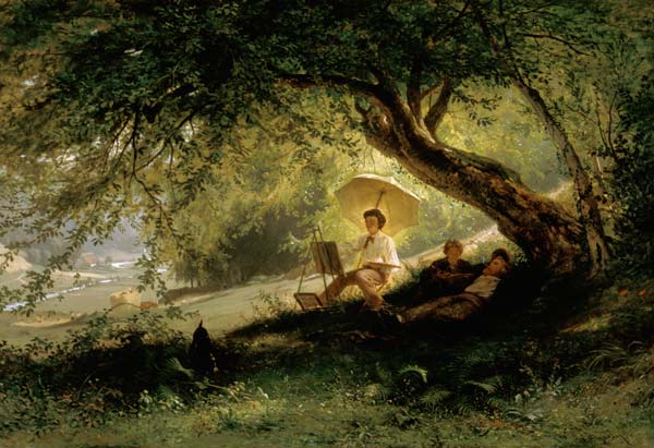 Painter at the edge of the forest with look into a Flusstal a Ludwig Hugo Becker