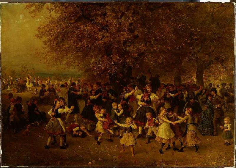 Das Kirchweihfest (Tanz unter den Linden vor einem hessischen Dorf) a Ludwig Knaus