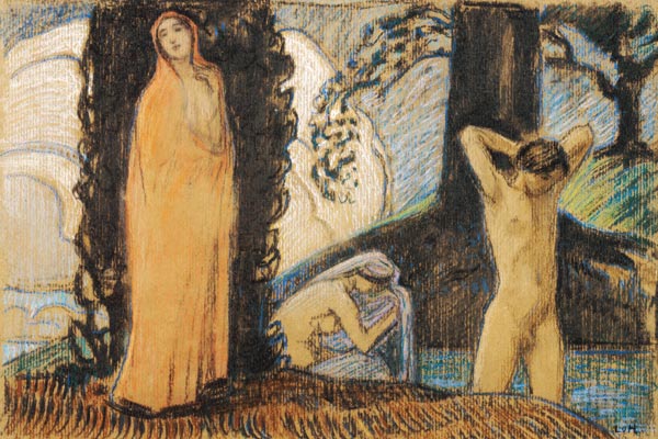 Dekorative Skizze mit zwei Frauen und einem Jüngling a Ludwig von Hofmann