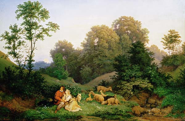 Shepherd and Shepherdess in a German landscape a Ludwig Adrian Richter