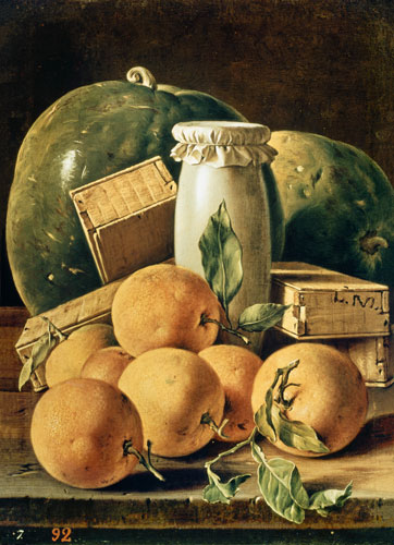 Still Life of Oranges, Watermelon, a Pot and Boxes of Cake a Luis Melendez