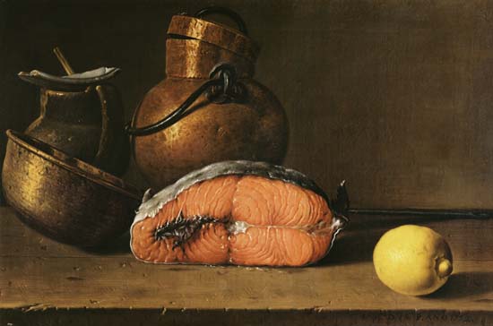 Still Life with a Piece of Salmon, a Lemon and Kitchen Utensils a Luis Melendez