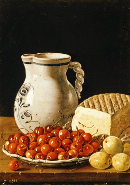 Still Life with cherries, cheese and greengages a Luis Egidio Melendez
