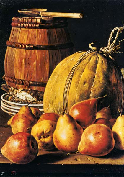 Still Life with pears, melon and barrel for marinading a Luis Egidio Melendez