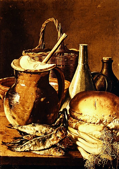 Still Life with bread, fishes and leeks a Luis Egidio Melendez