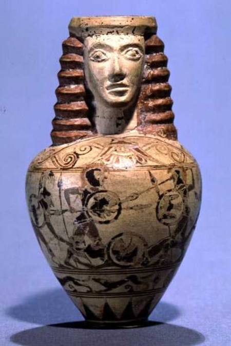 Proto-Corinthian aryballos with a human head, decorated with a scene of combat a Macmillan  Painter