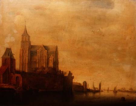 Groote Kerk with a View of the Main Tower, Emmerich in a River Landscape with Sailing Boats a Maerten Fransz van der Hulst