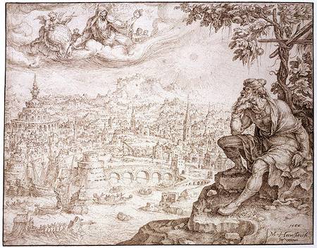 Jonah, Seated Under the Gourd, Contemplates the City of Nineveh a Maerten van Heemskerck