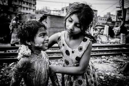 Morning hygiene in Dhaka slum