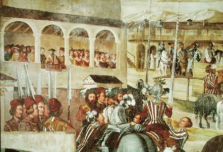 Tournament in Honour of Christian I (1426-81) of Denmark at Castello di Malpaga, detail from the lef a Marcello Fogolino