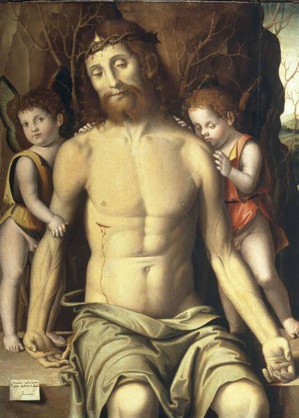 Palmezzano, Marco c.1458 - 1539. ''Christ in the tomb, supported by two angels'', 1529. Oil on wood. a Marco Palmezzano
