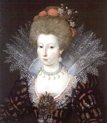 Portrait of a lady in a high lace collar and jewelled silk costume a Marguerite Bunel