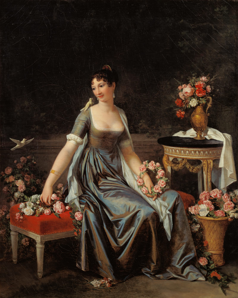 Portrait of a lady, surrounded by flowers and birds a Marguerite Gérard