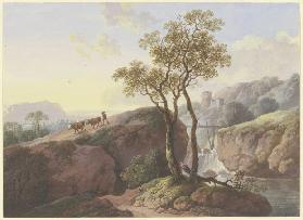 Landschaft mit einem Wasserfall, über den ein Steg führt, links treibt ein Bauer zwei Kühe zu Tal, i