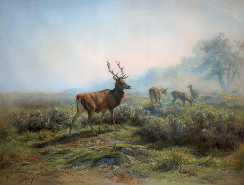 Red deer pack in a misty mountain landscape. a Maria-Rosa Bonheur