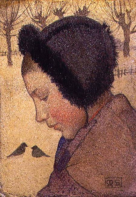 Head of a Young Girl in a Fur Hat (oil and gesso on board) a Marianne Stokes