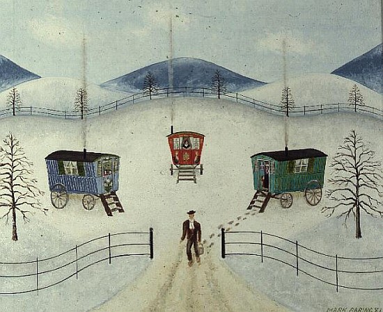 Gypsy Caravans in the Snow, 1981 (oil on board)  a Mark  Baring