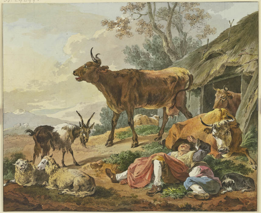Rechts ein Stall, aus welchem zwei Kühe kommen, davor zwei schlafende Hirten mit ihrem Hund und eine a Marquard Wocher