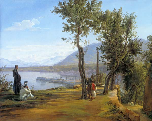 Figures in a landscape with a picture column and a port in the background a Martinus Roerbye