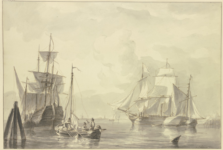 In ruhigem Wasser liegen mehrere Schiffe, links ein Boot mit drei Mann und gerafftem Segel, rechts B a Martinus Schouman