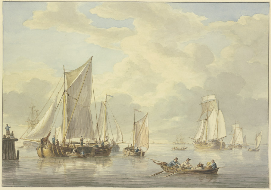 Ruhige See mit vielen Schiffen, vorne ein Boot mit drei Ruderern und einer Frau a Martinus Schouman