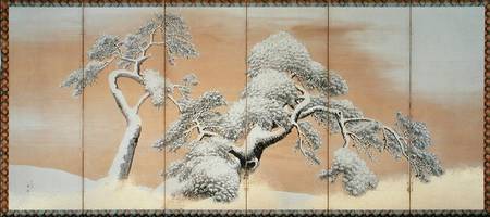 The Pines under Snow (pen & ink, colour, gold paper on panel) a Maruyama Okyo