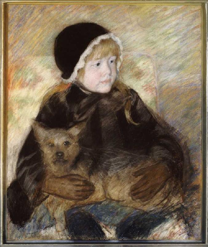 Elsie Cassatt, einen großen Hund haltend a Mary Cassatt