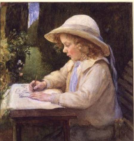 Girl drawing on a garden table (study) a Mary Lascelles Harcourt