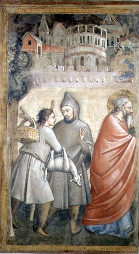 The Meeting at the Golden Gate, detail depicting two men conversing and the figure of Joachim a Maso di Banco Giottino