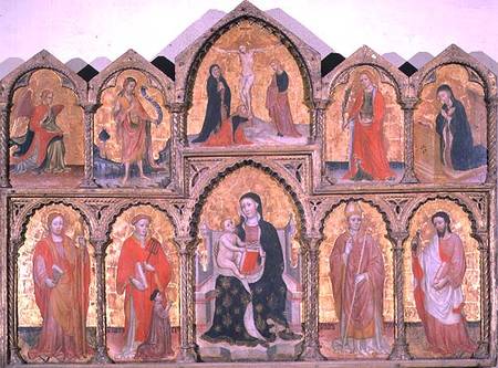 Polyptych showing Madonna and Child, Crucifixion and Saints a Maestro di Roncajette